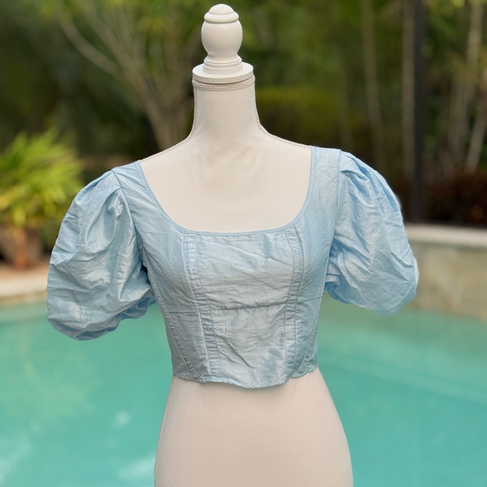 NWT Topshop Blue Puff Sleeve Cropped Blouse